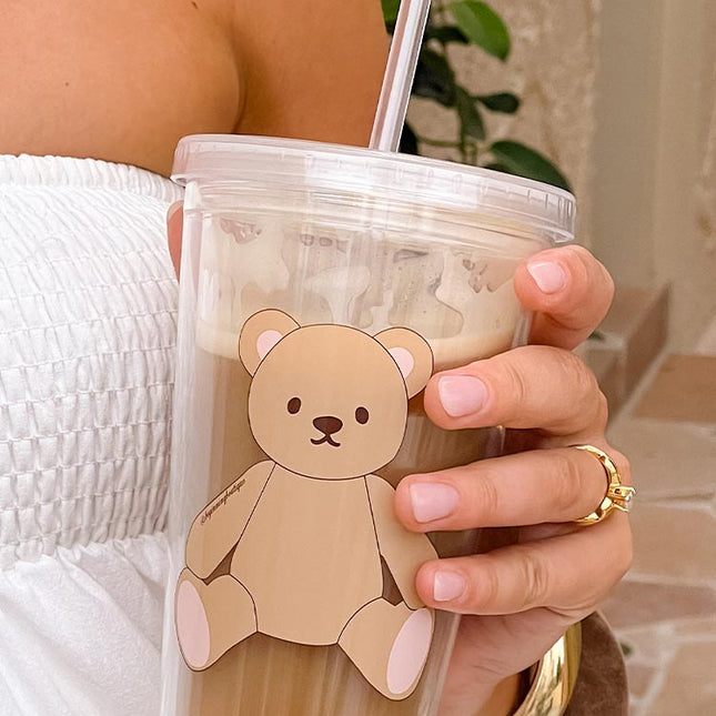 Teddy Bear Print Tumbler | Twist Lid & Removable Straw | Fun Coffee & Iced Drinks Companion