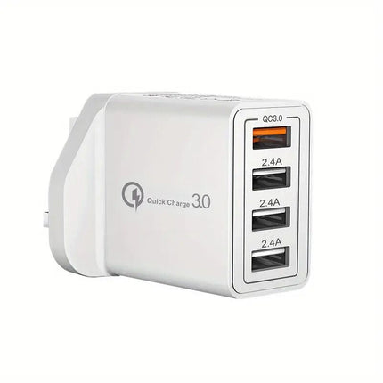 4-Port USB Fast Charger | QC3.0 Technology | UK Plug | Universal Compatibility | Fireproof Casing | Compact Design | Ideal for Travel | Overload & Short-Circuit Protection | 4X Faster Charging | 36W Power | 4 USB Ports