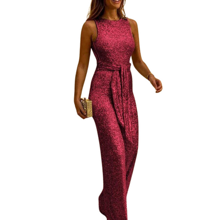 Van Hallen Melbourne | Backless Glitter Jumpsuit | Waistband Detail | Women's Party Wear | Available in Sizes S-2XL | 95% Polyester, 5% Spandex | Ideal for Festive Events & Special Evenings