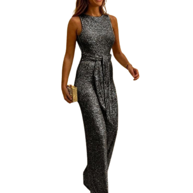 Van Hallen Melbourne | Backless Glitter Jumpsuit | Waistband Detail | Women's Party Wear | Available in Sizes S-2XL | 95% Polyester, 5% Spandex | Ideal for Festive Events & Special Evenings