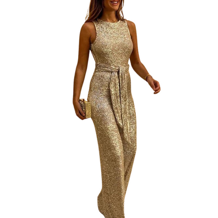 Van Hallen Melbourne | Backless Glitter Jumpsuit | Waistband Detail | Women's Party Wear | Available in Sizes S-2XL | 95% Polyester, 5% Spandex | Ideal for Festive Events & Special Evenings