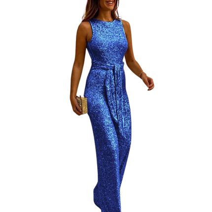 Van Hallen Melbourne | Backless Glitter Jumpsuit | Waistband Detail | Women's Party Wear | Available in Sizes S-2XL | 95% Polyester, 5% Spandex | Ideal for Festive Events & Special Evenings