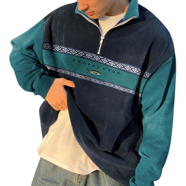 Men's Vintage-Inspired Sweater | Loose Fit Half-Zip | High Collar Long Sleeves | Retro Charm for Casual Outings | Summer Layering Knitwear | Available in Yellow, Khaki, Blue | Sizes S-3XL