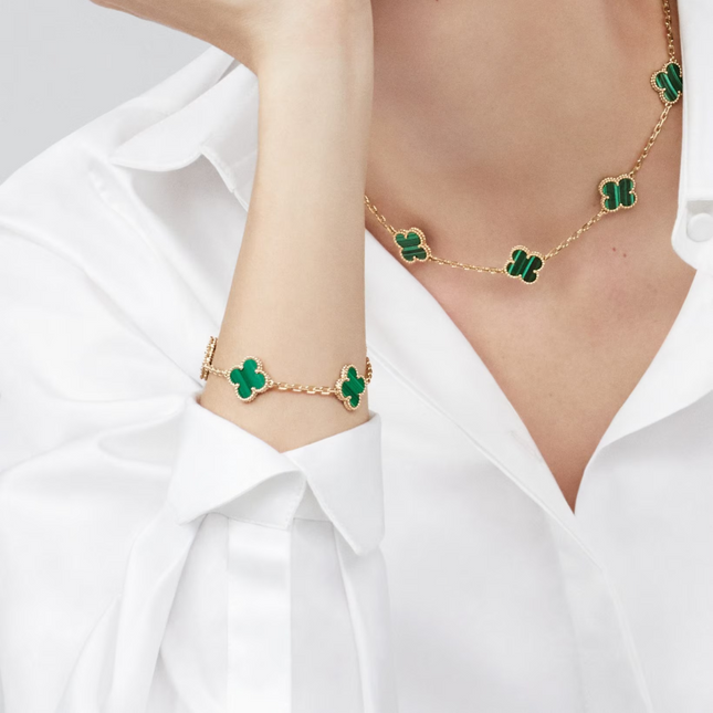 Emerald Clover Link Bracelet | Gold Accents | Inspired by Barcelona | Elegant Jewelry | Sophisticated Design | Mediterranean Charm