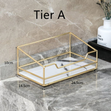 Golden Finish Metal Frame Makeup Organizer | Rotating 2-Tier or Single-Tier | Choose Rectangle or Rounded Shape | Glass Base | Adjustable Compartment System for Skincare & Fragrances | Easy Access Design
