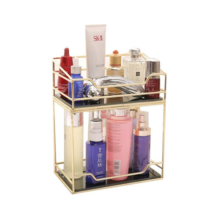 Golden Finish Metal Frame Makeup Organizer | Rotating 2-Tier or Single-Tier | Choose Rectangle or Rounded Shape | Glass Base | Adjustable Compartment System for Skincare & Fragrances | Easy Access Design