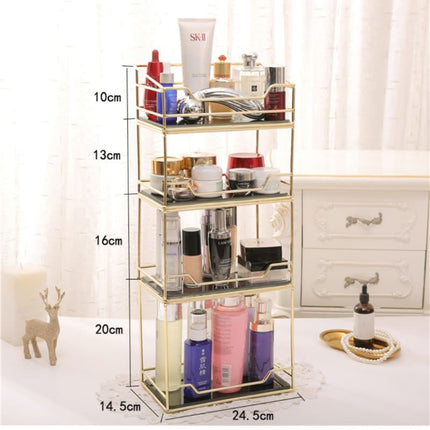 Golden Finish Metal Frame Makeup Organizer | Rotating 2-Tier or Single-Tier | Choose Rectangle or Rounded Shape | Glass Base | Adjustable Compartment System for Skincare & Fragrances | Easy Access Design