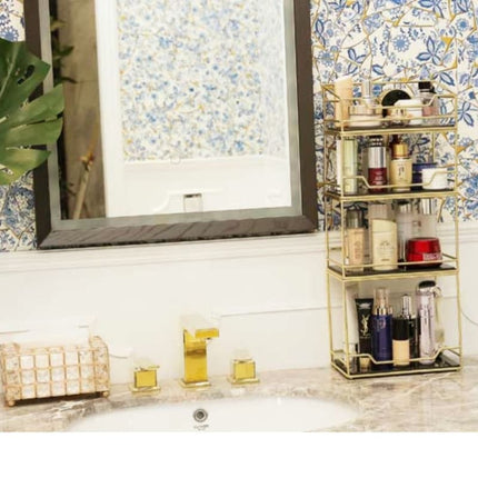 Golden Finish Metal Frame Makeup Organizer | Rotating 2-Tier or Single-Tier | Choose Rectangle or Rounded Shape | Glass Base | Adjustable Compartment System for Skincare & Fragrances | Easy Access Design