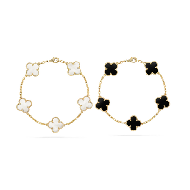 Dubai Inspired | Elegant Black & White Clover Bracelet Set with Gold Accents | Sophisticated Jewelry Collection