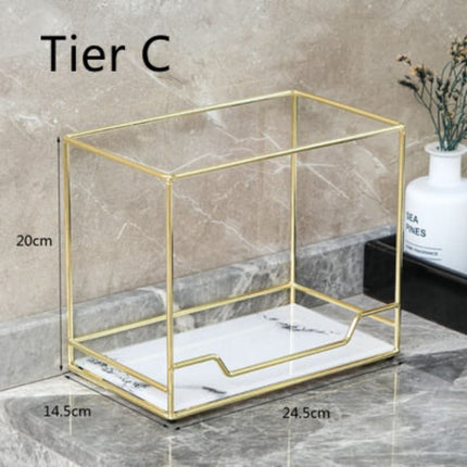 Golden Finish Metal Frame Makeup Organizer | Rotating 2-Tier or Single-Tier | Choose Rectangle or Rounded Shape | Glass Base | Adjustable Compartment System for Skincare & Fragrances | Easy Access Design