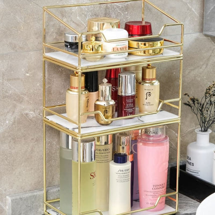 Golden Finish Metal Frame Makeup Organizer | Rotating 2-Tier or Single-Tier | Choose Rectangle or Rounded Shape | Glass Base | Adjustable Compartment System for Skincare & Fragrances | Easy Access Design