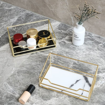 Golden Finish Metal Frame Makeup Organizer | Rotating 2-Tier or Single-Tier | Choose Rectangle or Rounded Shape | Glass Base | Adjustable Compartment System for Skincare & Fragrances | Easy Access Design