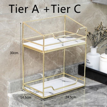 Golden Finish Metal Frame Makeup Organizer | Rotating 2-Tier or Single-Tier | Choose Rectangle or Rounded Shape | Glass Base | Adjustable Compartment System for Skincare & Fragrances | Easy Access Design