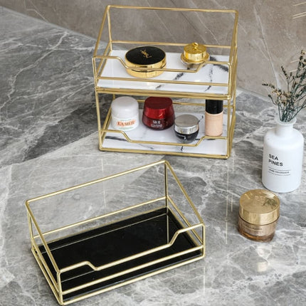 Golden Finish Metal Frame Makeup Organizer | Rotating 2-Tier or Single-Tier | Choose Rectangle or Rounded Shape | Glass Base | Adjustable Compartment System for Skincare & Fragrances | Easy Access Design