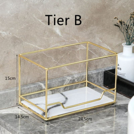Golden Finish Metal Frame Makeup Organizer | Rotating 2-Tier or Single-Tier | Choose Rectangle or Rounded Shape | Glass Base | Adjustable Compartment System for Skincare & Fragrances | Easy Access Design