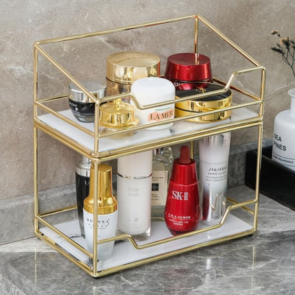 Golden Finish Metal Frame Makeup Organizer | Rotating 2-Tier or Single-Tier | Choose Rectangle or Rounded Shape | Glass Base | Adjustable Compartment System for Skincare & Fragrances | Easy Access Design