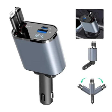 4 in 1 Car Charger Adapter | USB & Type-C Ports | For iPhone, Android, Tablets & Laptops | Extendable & Retractable Cables | 12V-24V Vehicle Compatibility | Smart Voltage Monitor | Multi-Fast Charging Certified