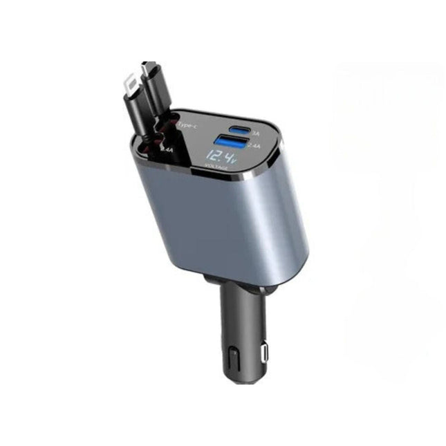 4 in 1 Car Charger Adapter | USB & Type-C Ports | For iPhone, Android, Tablets & Laptops | Extendable & Retractable Cables | 12V-24V Vehicle Compatibility | Smart Voltage Monitor | Multi-Fast Charging Certified