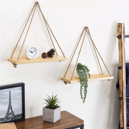 Rope Hanging Wall Shelf | Rustic Paulownia Wood & Jute | Indoor & Outdoor | Decorative Display for Plants, Photos, Collectibles | Easy Installation | Mold Resistant | 35x14x0.85cm