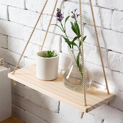 Rope Hanging Wall Shelf | Rustic Paulownia Wood & Jute | Indoor & Outdoor | Decorative Display for Plants, Photos, Collectibles | Easy Installation | Mold Resistant | 35x14x0.85cm