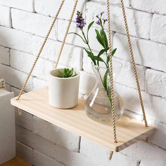 Rope Hanging Wall Shelf | Rustic Paulownia Wood & Jute | Indoor & Outdoor | Decorative Display for Plants, Photos, Collectibles | Easy Installation | Mold Resistant | 35x14x0.85cm