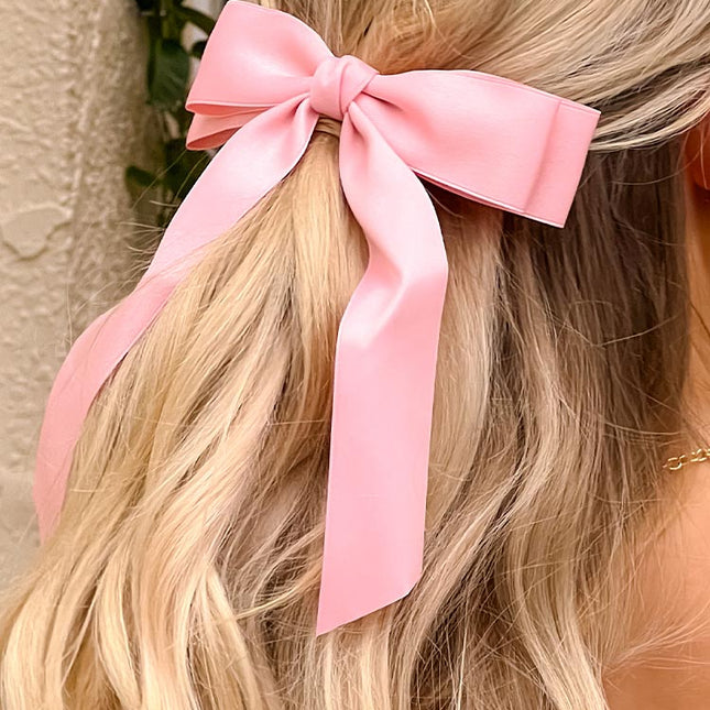 Whimsy Willow Pink Bow Hair Clip | Elegant Pink Ribbon Design | Silver Clasp Closure | Stylish Clip for Half-Up Hairstyles