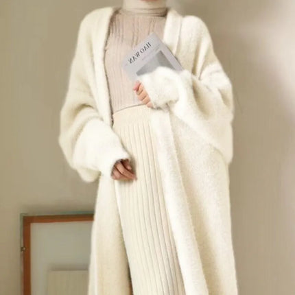 Stacey | Women's Long Cashmere Cardigan | White Knitted Fluffy Sweater Jacket | Warm & Elegant | Long Sleeve
