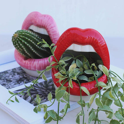 Ceramic Planter with Pouty Lips Design | Fun & Whimsical | Red, Pink, Purple | Durable & Handmade | Heat Resistant & Windproof | Indoor Decoration for Home or Office | Gift Idea | 12x6 cm | 1 Piece