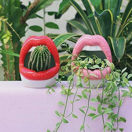 Ceramic Planter with Pouty Lips Design | Fun & Whimsical | Red, Pink, Purple | Durable & Handmade | Heat Resistant & Windproof | Indoor Decoration for Home or Office | Gift Idea | 12x6 cm | 1 Piece