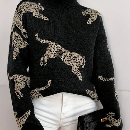 Women's Long Sleeve Turtleneck | Leopard Print | Snug Fit | Elegant Autumn Winter Sweater