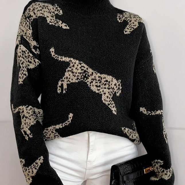 Women's Long Sleeve Turtleneck | Leopard Print | Snug Fit | Elegant Autumn Winter Sweater