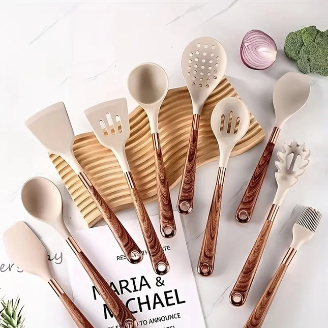 Vitrux Silicone Kitchen Tools | 10-Piece Set | Heat Resistant & Non-Slip | Wooden Handles | Food-Grade | Versatile Cooking | Elegant Design | High Temperature Tolerance