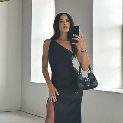 Victoria | Elegant One Shoulder Black Maxi Dress | Gathered Waist | Knee High Front Split | Lined Polyester | Invisible Side Zipper | Fashionable and Comfortable Style