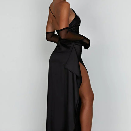 Open Shoulder Satin Split Dress | Slim Fit | Versatile Day to Night Style | High Quality & Comfort | Sizes S-L | Belle Couture | Essential Elegance
