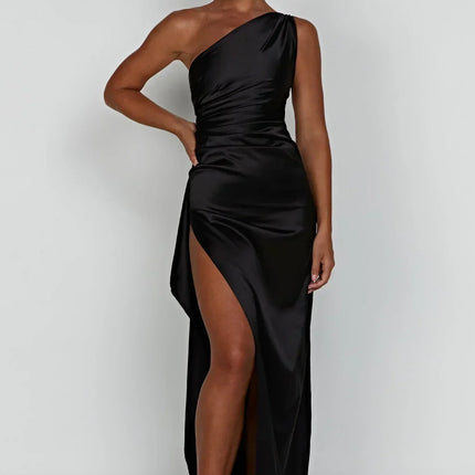 Open Shoulder Satin Split Dress | Slim Fit | Versatile Day to Night Style | High Quality & Comfort | Sizes S-L | Belle Couture | Essential Elegance