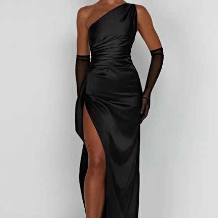 Open Shoulder Satin Split Dress | Slim Fit | Versatile Day to Night Style | High Quality & Comfort | Sizes S-L | Belle Couture | Essential Elegance