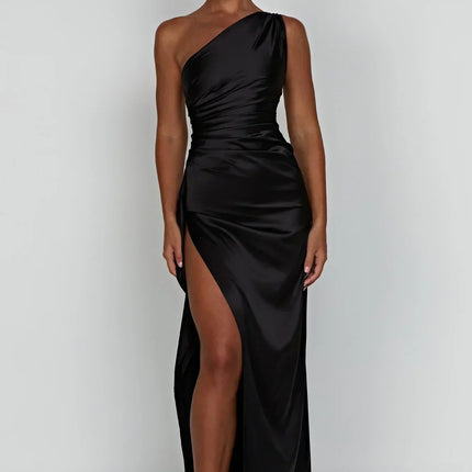 Open Shoulder Satin Split Dress | Slim Fit | Versatile Day to Night Style | High Quality & Comfort | Sizes S-L | Belle Couture | Essential Elegance