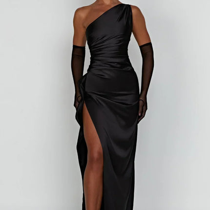 Open Shoulder Satin Split Dress | Slim Fit | Versatile Day to Night Style | High Quality & Comfort | Sizes S-L | Belle Couture | Essential Elegance