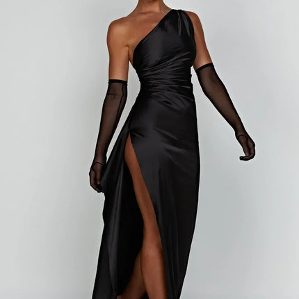 Open Shoulder Satin Split Dress | Slim Fit | Versatile Day to Night Style | High Quality & Comfort | Sizes S-L | Belle Couture | Essential Elegance