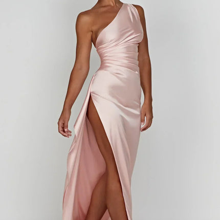 Open Shoulder Satin Split Dress | Slim Fit | Versatile Day to Night Style | High Quality & Comfort | Sizes S-L | Belle Couture | Essential Elegance