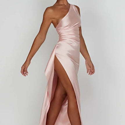 Open Shoulder Satin Split Dress | Slim Fit | Versatile Day to Night Style | High Quality & Comfort | Sizes S-L | Belle Couture | Essential Elegance