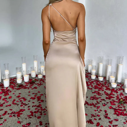 Open Shoulder Satin Split Dress | Slim Fit | Versatile Day to Night Style | High Quality & Comfort | Sizes S-L | Belle Couture | Essential Elegance