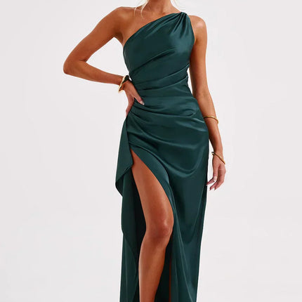 Open Shoulder Satin Split Dress | Slim Fit | Versatile Day to Night Style | High Quality & Comfort | Sizes S-L | Belle Couture | Essential Elegance