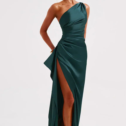 Open Shoulder Satin Split Dress | Slim Fit | Versatile Day to Night Style | High Quality & Comfort | Sizes S-L | Belle Couture | Essential Elegance