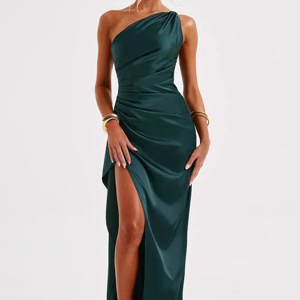 Open Shoulder Satin Split Dress | Slim Fit | Versatile Day to Night Style | High Quality & Comfort | Sizes S-L | Belle Couture | Essential Elegance