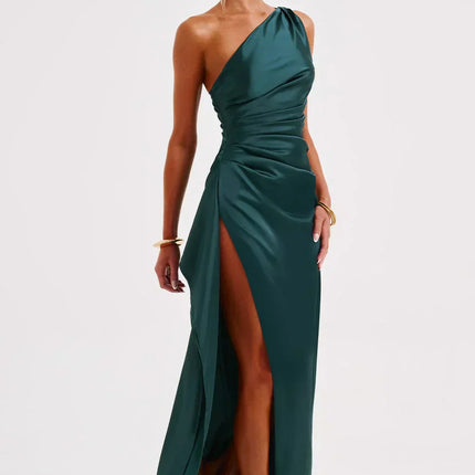 Open Shoulder Satin Split Dress | Slim Fit | Versatile Day to Night Style | High Quality & Comfort | Sizes S-L | Belle Couture | Essential Elegance