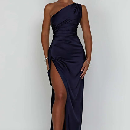 Open Shoulder Satin Split Dress | Slim Fit | Versatile Day to Night Style | High Quality & Comfort | Sizes S-L | Belle Couture | Essential Elegance