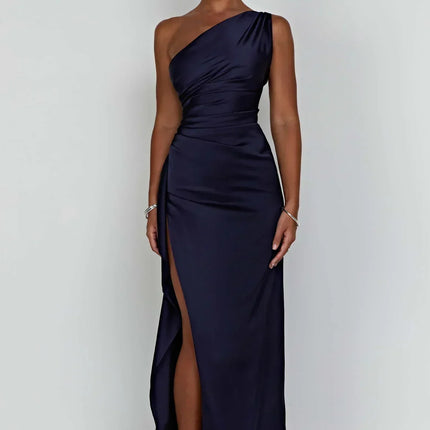 Open Shoulder Satin Split Dress | Slim Fit | Versatile Day to Night Style | High Quality & Comfort | Sizes S-L | Belle Couture | Essential Elegance