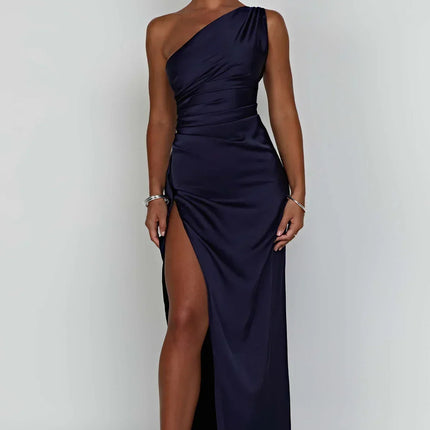 Open Shoulder Satin Split Dress | Slim Fit | Versatile Day to Night Style | High Quality & Comfort | Sizes S-L | Belle Couture | Essential Elegance