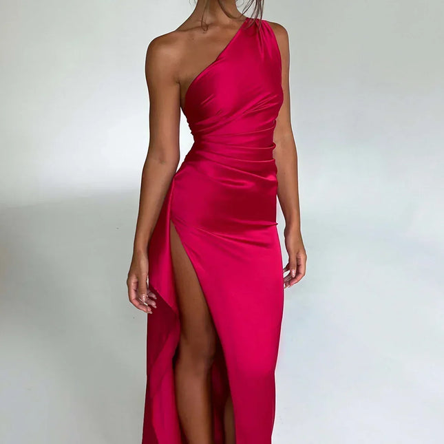 Open Shoulder Satin Split Dress | Slim Fit | Versatile Day to Night Style | High Quality & Comfort | Sizes S-L | Belle Couture | Essential Elegance